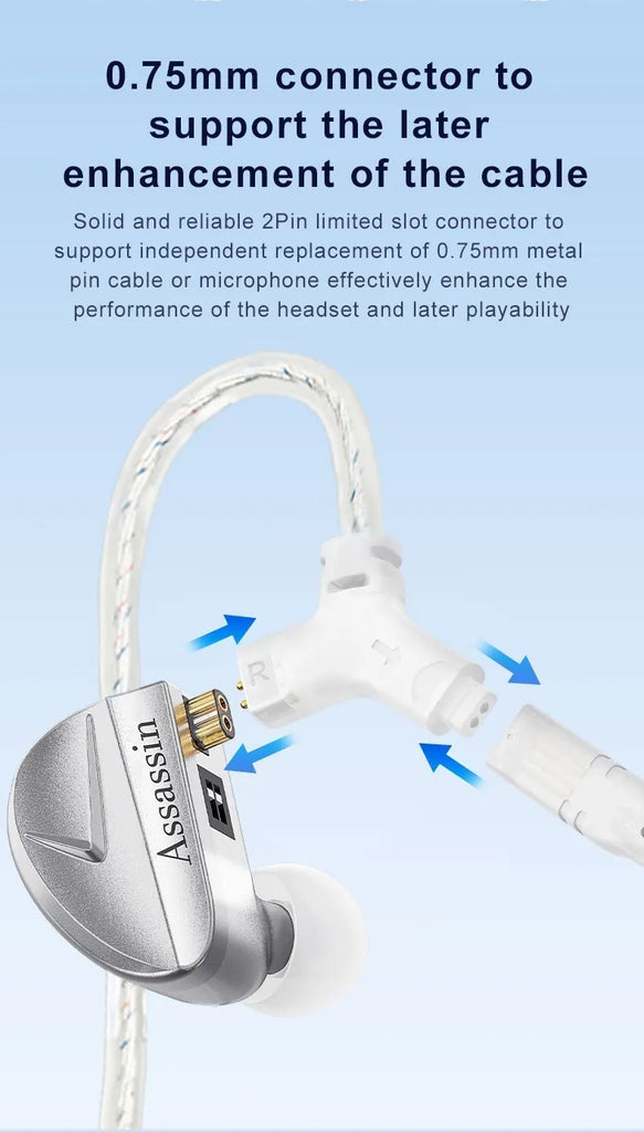 CVJ Assassin Silver in Ear Earphones 1BA+1DD+1Vibrate Game Mode HIFI Microphone Hybrid Tuning Switch Wired Earbuds IEM Headphone